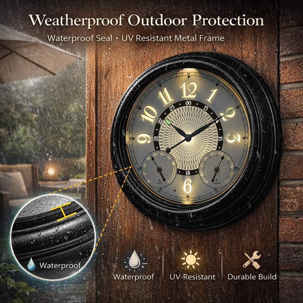 15 Inch Metal Illuminated Outdoor Clocks for Patio Waterproof