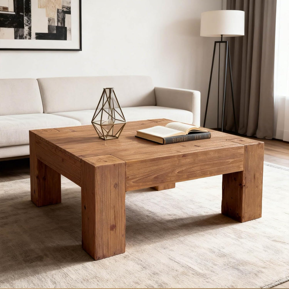 Rustic Wooden Coffee Table for Living Room, Big Square Coffee Table