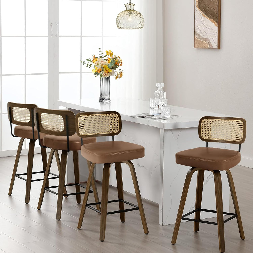 Bekrvio Swivel Bar Stools Set of 4, Upholstered Faux Leather Barstools with R...
