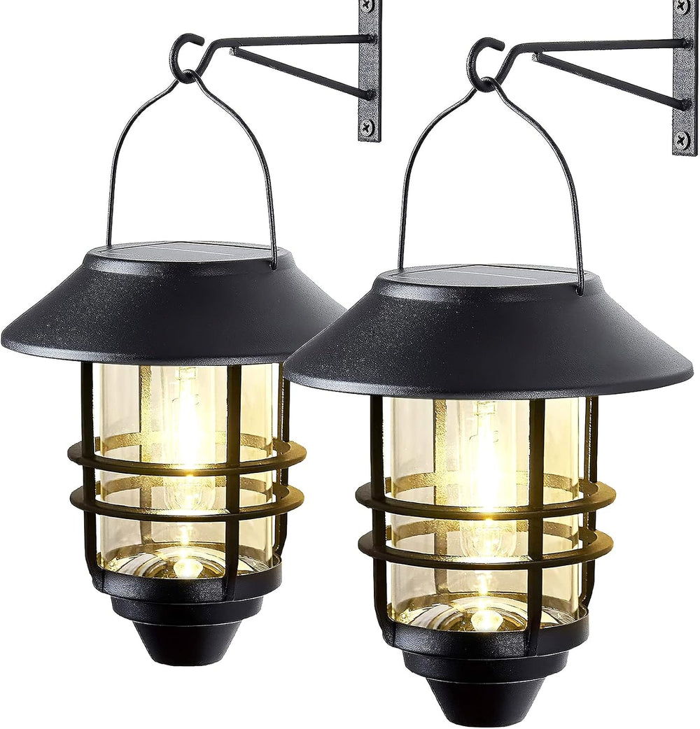 2 Pack Solar Lanterns Outdoor, Hanging Solar Lights for Outside Glass Metal w...