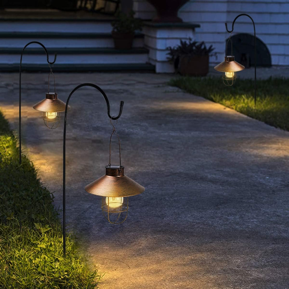HUYIENO 2Pack Solar Metal Hanging Lantern with Shepherd Hook Outdoor Led Gard...