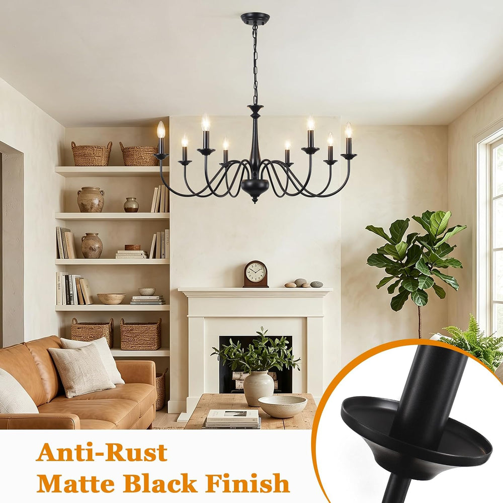 35" Farmhouse Chandelier, 8-Light Matte Black Classic Iron Candle Pendan...