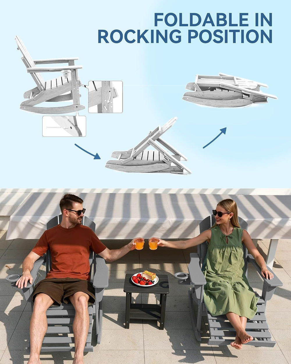 Adirondack Rocking Chair Set of 4 with Retractable Ottoman and Cup Holders, H...