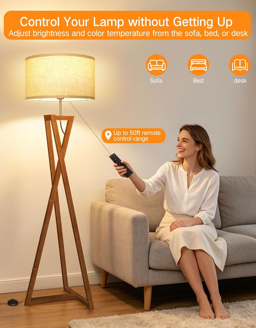 OUTON 62" Wood Tripod Floor Lamp, Dimmable Mid Century Modern Vintage La...