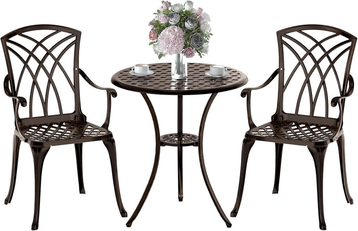 Patio Bistro Set 3 Piece, Cast Aluminum Bistro Set for 2 w/Umbrella Hole, Outdoor Table and Chairs Set of 2, Bistro Set for Balcony/Backyard/Garden, Bronze