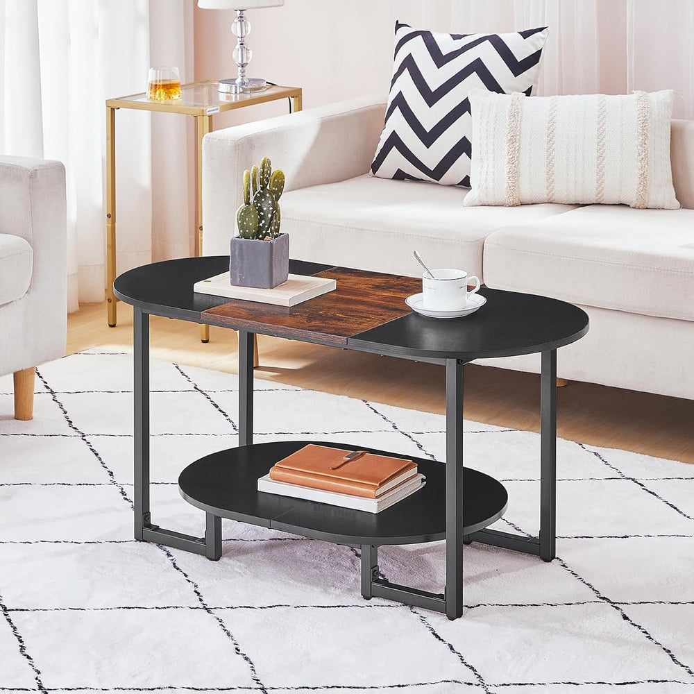 HOOBRO Coffee Table for Living Room, Oval Small Coffee Table with 2-Tier Open...