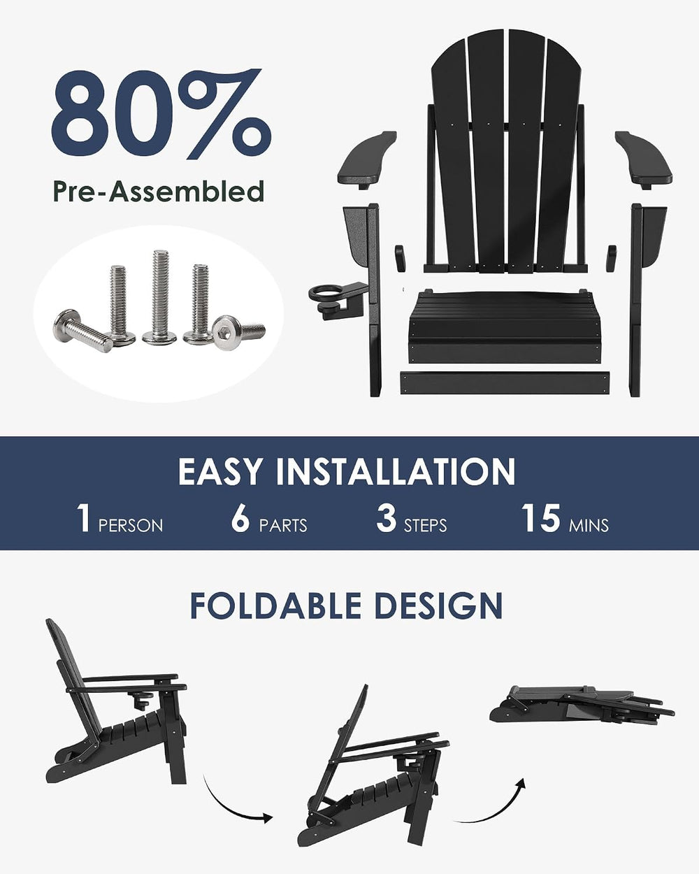 Folding Adirondack Chairs Set of 2, All-Weather Resistant HDPE Patio Firepit ...