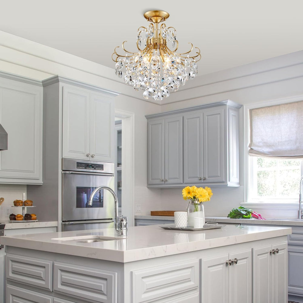 Gold Crystal Chandelier Ceiling Light, Luxury Crystal Semi Flush Mount Ceilin...