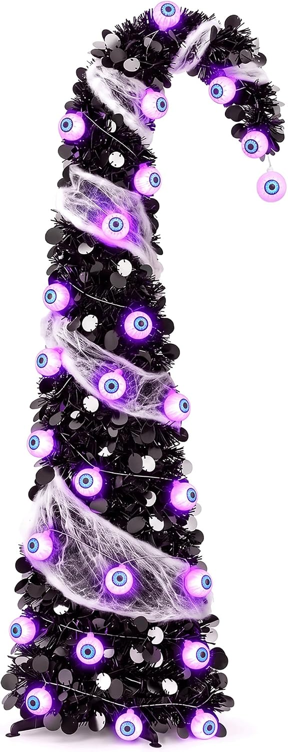 5FT Pop Up Halloween Tree with 35 Purple Eyeball Lights & Spider Web