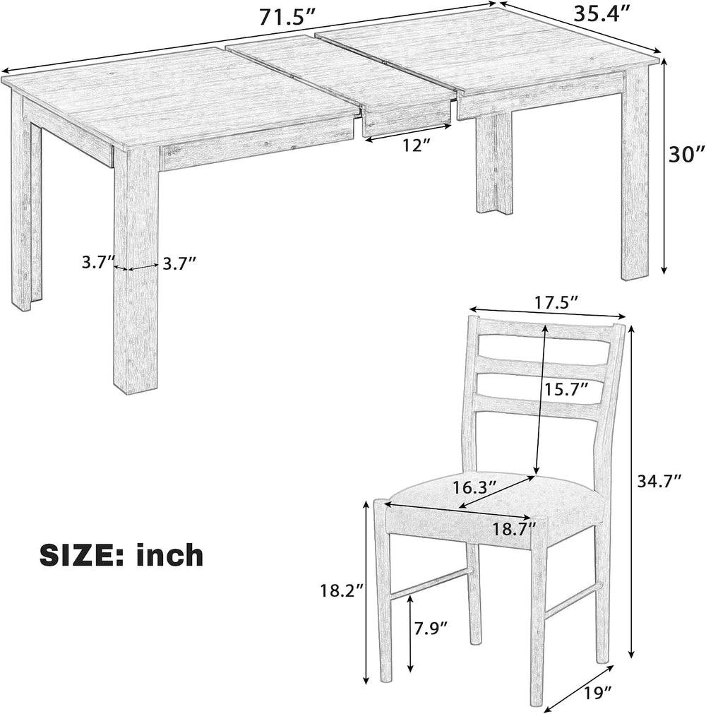 7 Pieces Dining Table Set Wooden Rectangle Extendable Table with 12” Leaf and...