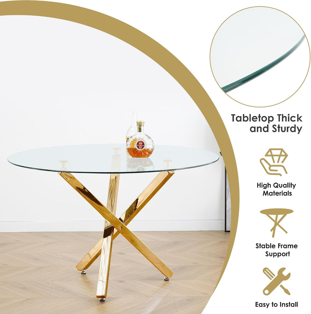 Mid Century Modern Glass Round Dining Table Set for 4, 5 Pieces Gold Luxury C...