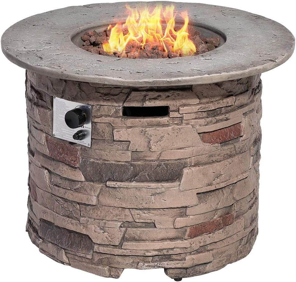 SUNBURY Outdoor Fire Pit Propane Round Fire Pit Table Fire Column, Stonecrest...