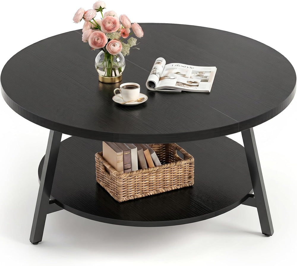 Armocity 35.4" Round Wood Coffee Table with 2-Tier Storage, 1" Thic...