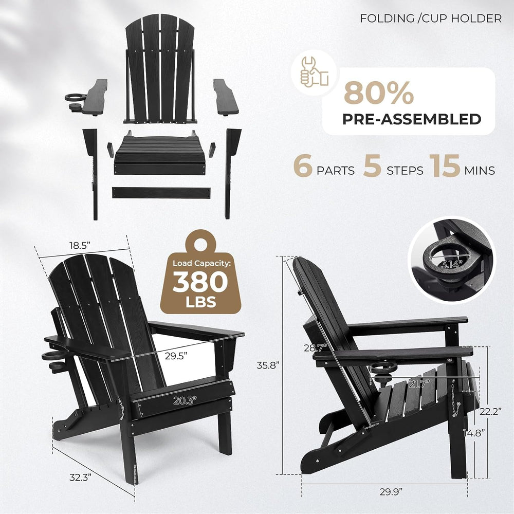 HDPE Folding Adirondack Chair, Outdoor Patio Chair with Cup Holder, Weather R...