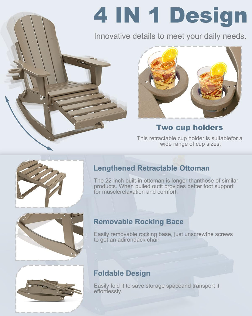 NAVINE Adirondack Rocking Chairs Set of 2 with Retractable Ottoman, Brown
