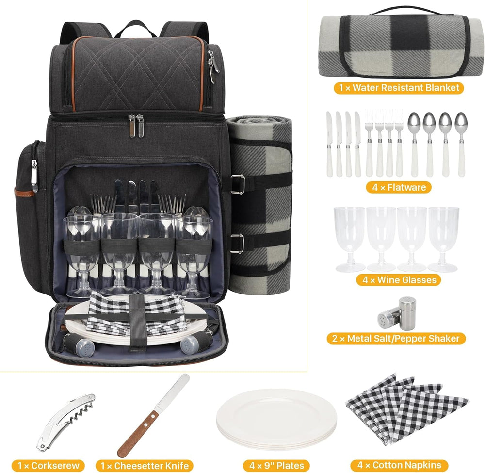Picnic Backpack for 4, Insulated Cooler Bag with Blanket, Brown