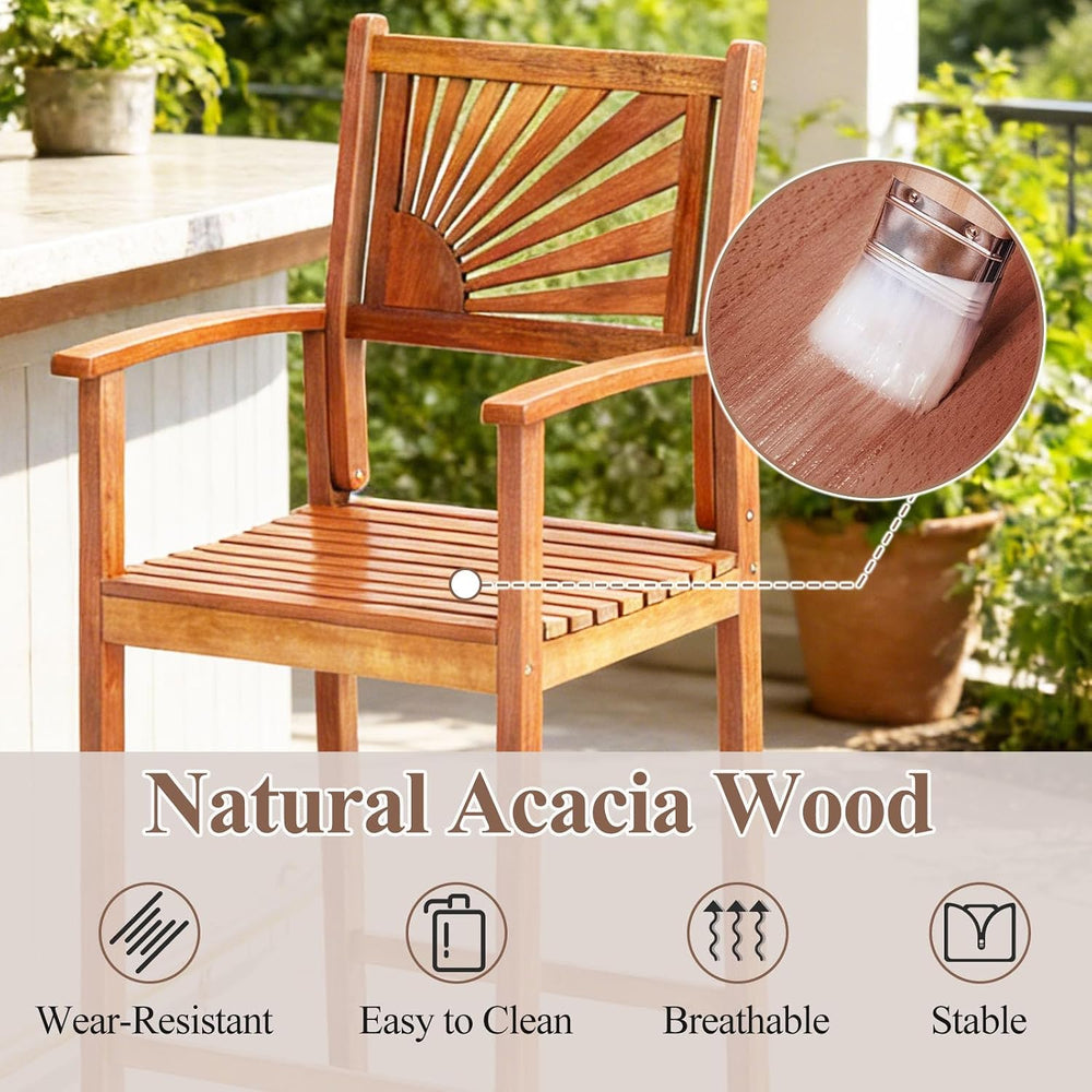 COSTWAY 29'' Outdoor Acacia Wood Bar Chairs Set of 4 with Back and Ar...
