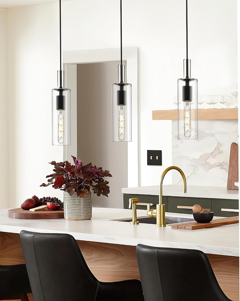 AUTELO 2 Pack Matte Black Pendant Lights Kitchen Island with Clear Glass