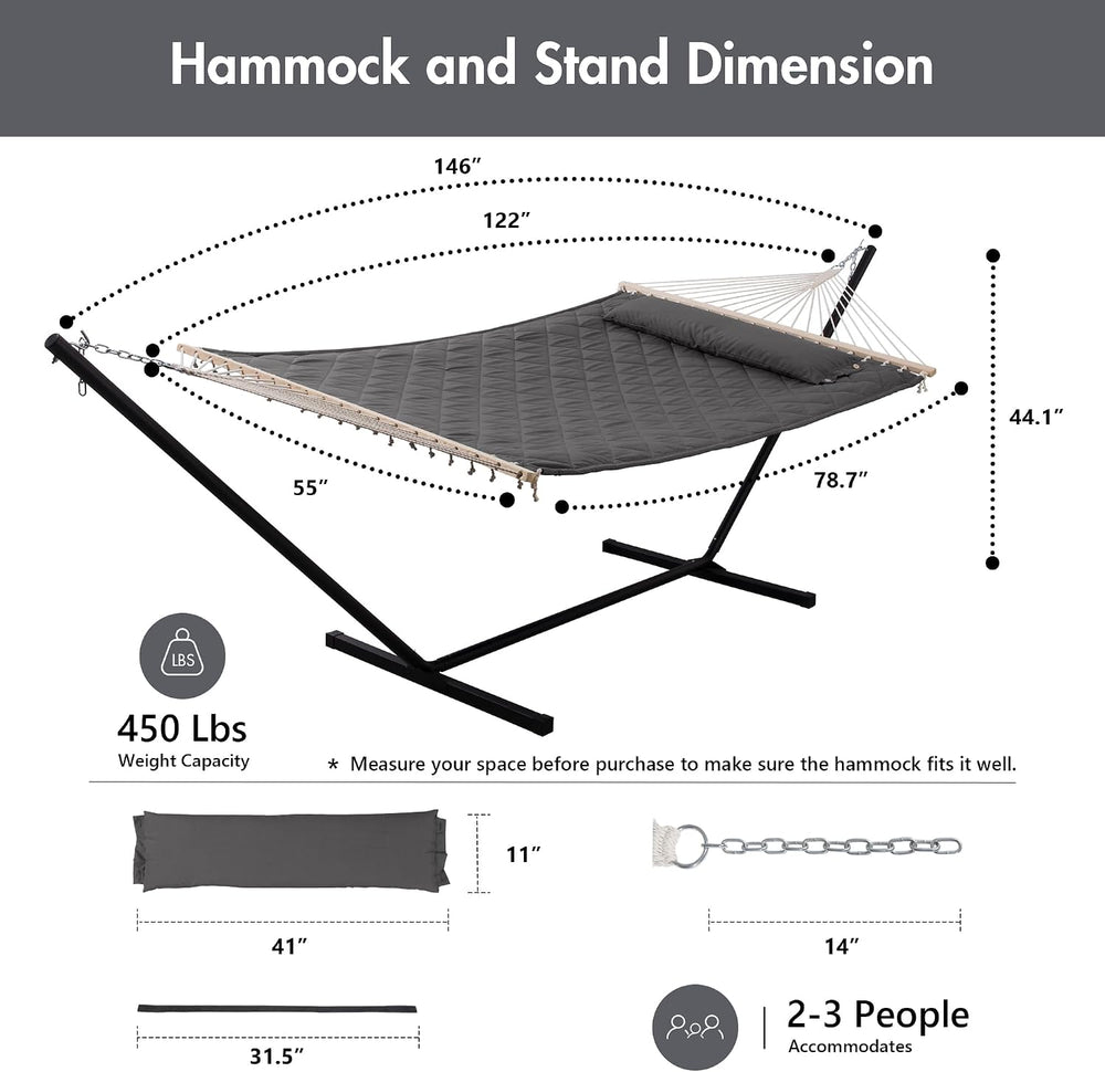ANOW Heavy Duty Hammock with 12 Feet Stand Included, Quilted Hammock, Gray