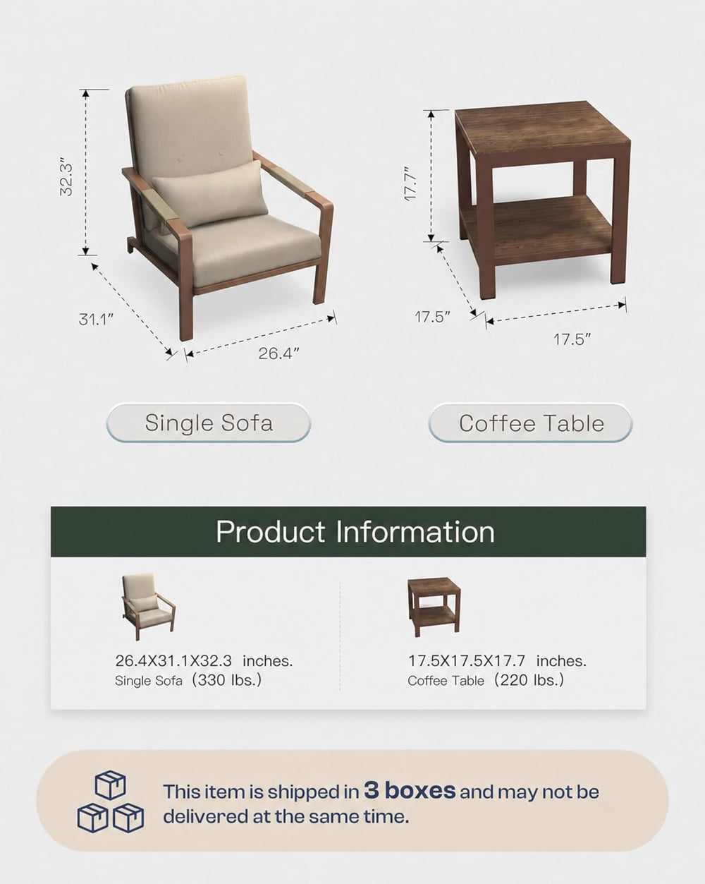 Aluminum Patio Set, 2 Chairs & Side Table, Washable Cushions, Beige (3 Pi...