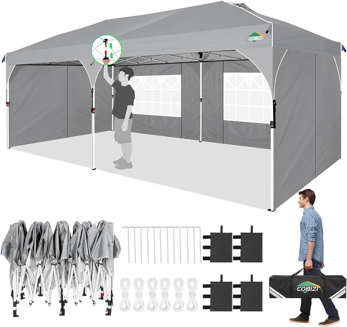 COBIZI 10x20 Pop Up Canopy: Canopy Tent with Patented Center-Lock Tech | Quick-Setup,UV-Reflective & Detachable Walls | 210D Waterproof | 3 Height Adjustments for Parties,Weddings,Outdoor Events(Gray)