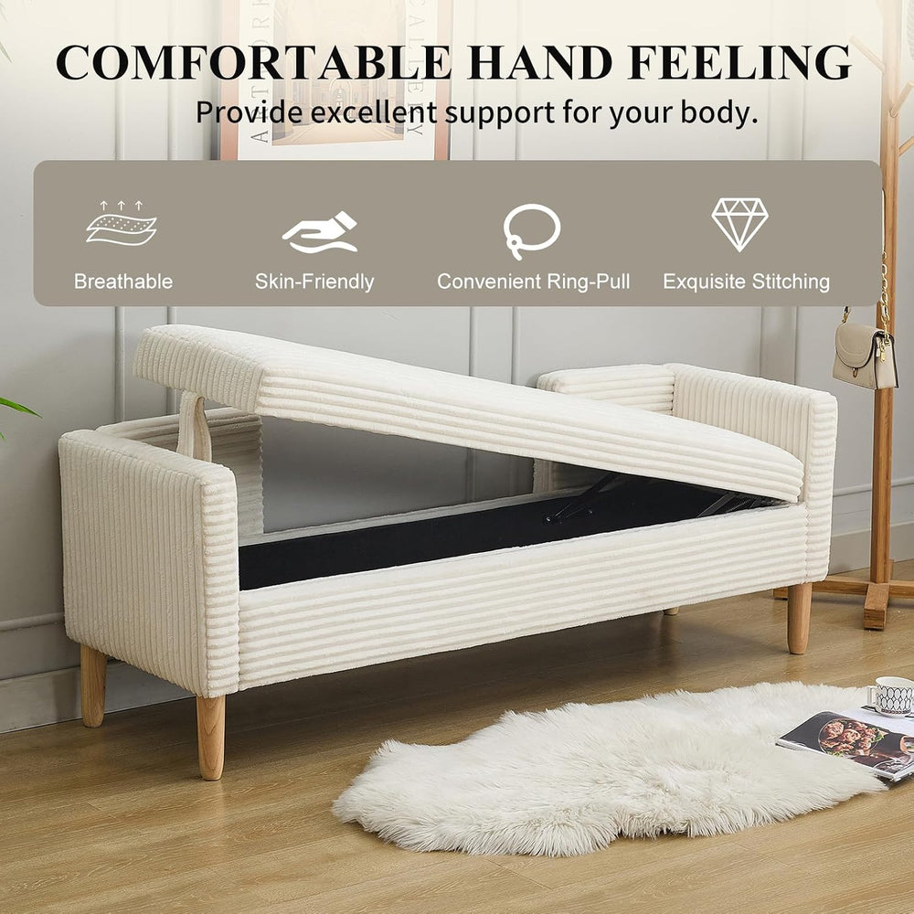 NIOIIKIT 65" Corduroy Upholstered Storage Ottoman Bench with Pillows White