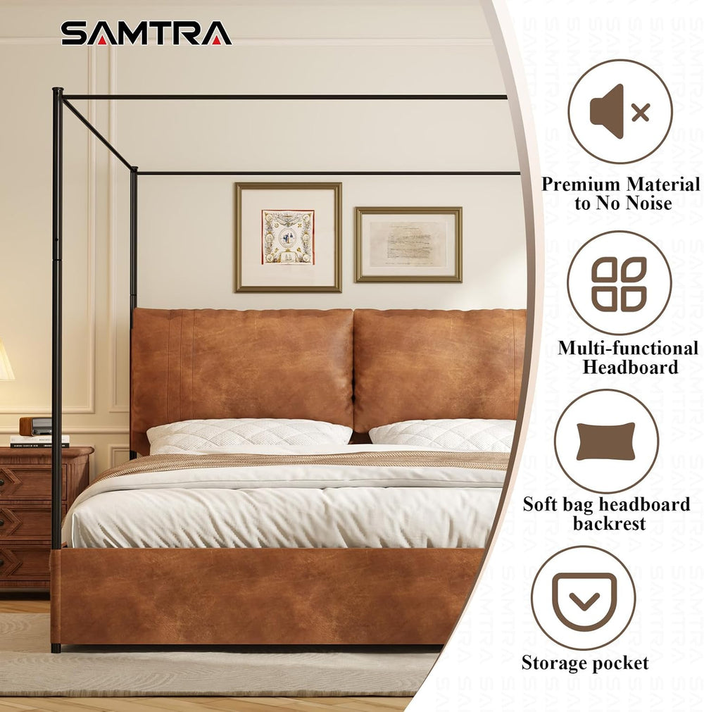 King Canopy Bed Frame with Tall Upholstered Faux Leather Headboard