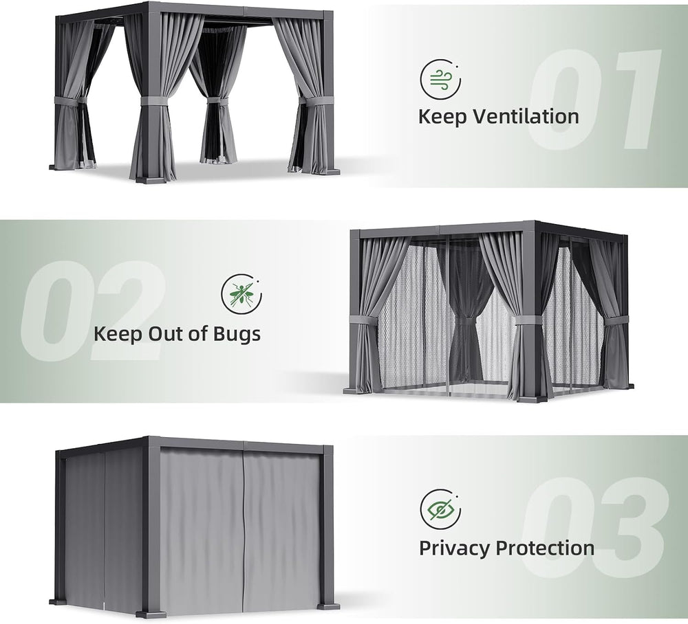 Aoxun Louvered Pergola 16x12 All-Aluminum, Power Outlet, Curtains & Netting