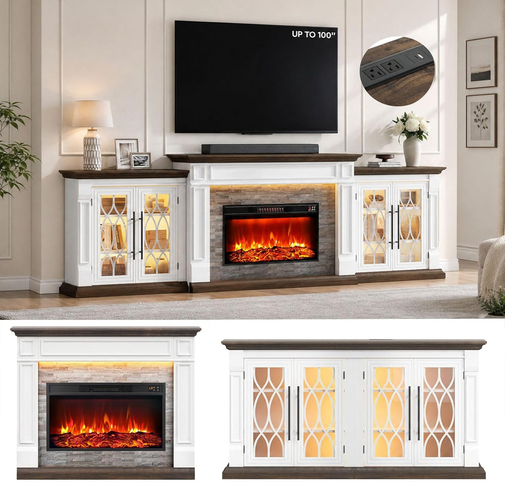 LGHM 104" LED Fireplace TV Stand with Outlet, 3 in 1 Electric Fireplace ...
