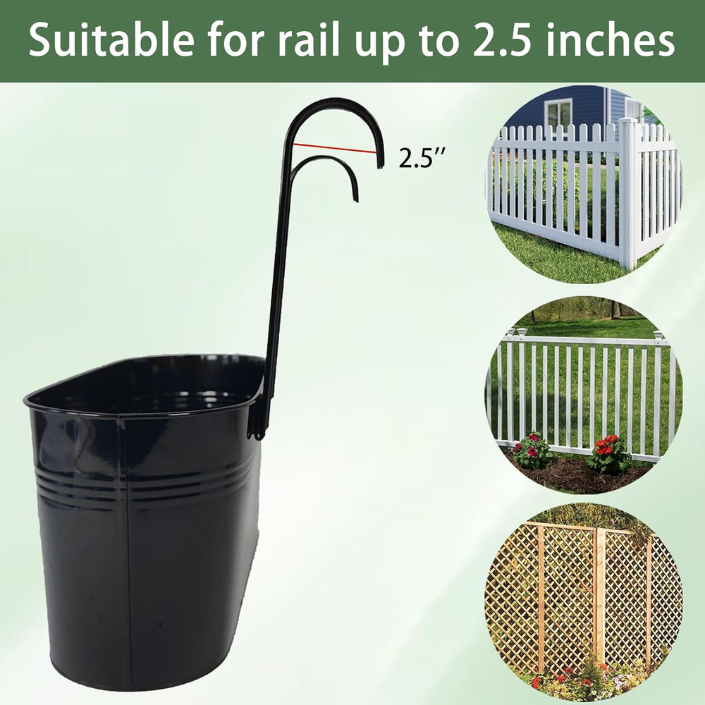 17" Hanging Metal Railing Planter with Detachable Hook, Oval Black, 4 Pack