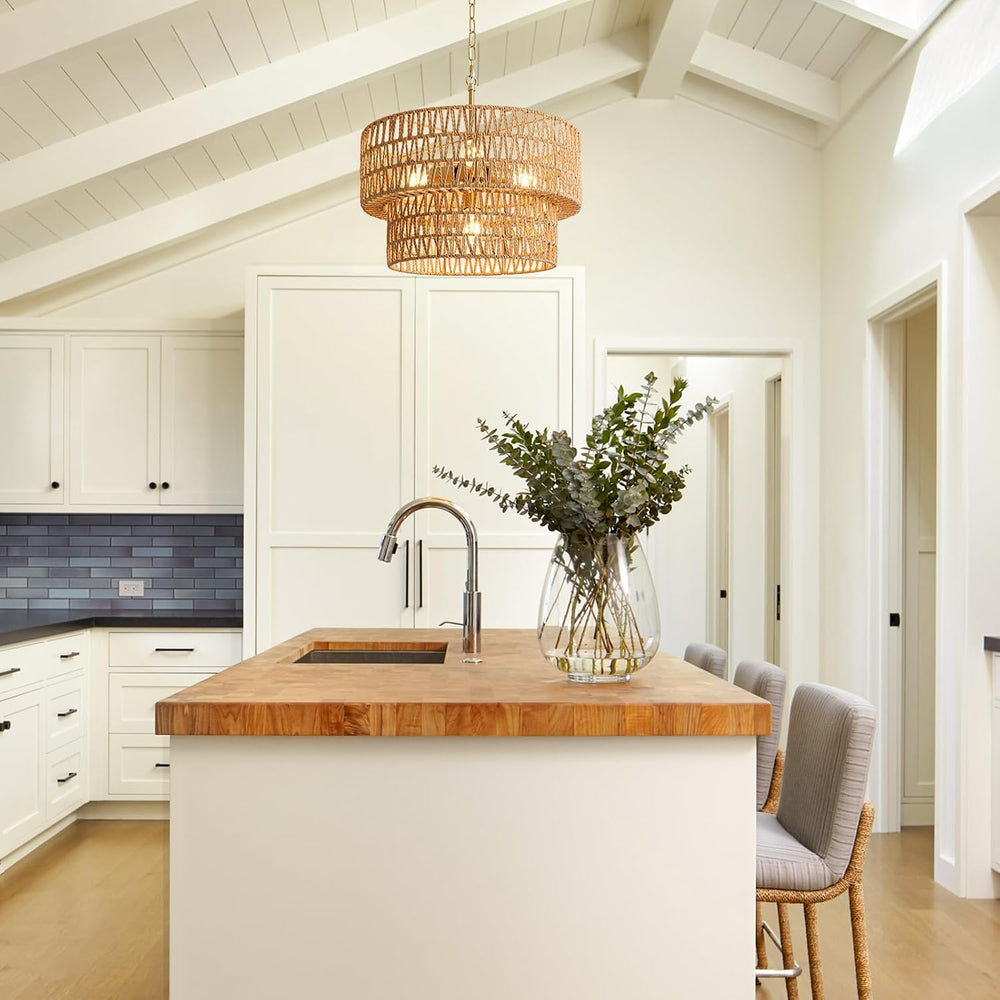 17.8" Boho Rattan Chandelier Light Fixtures, 4-Light Rattan Pendant Light