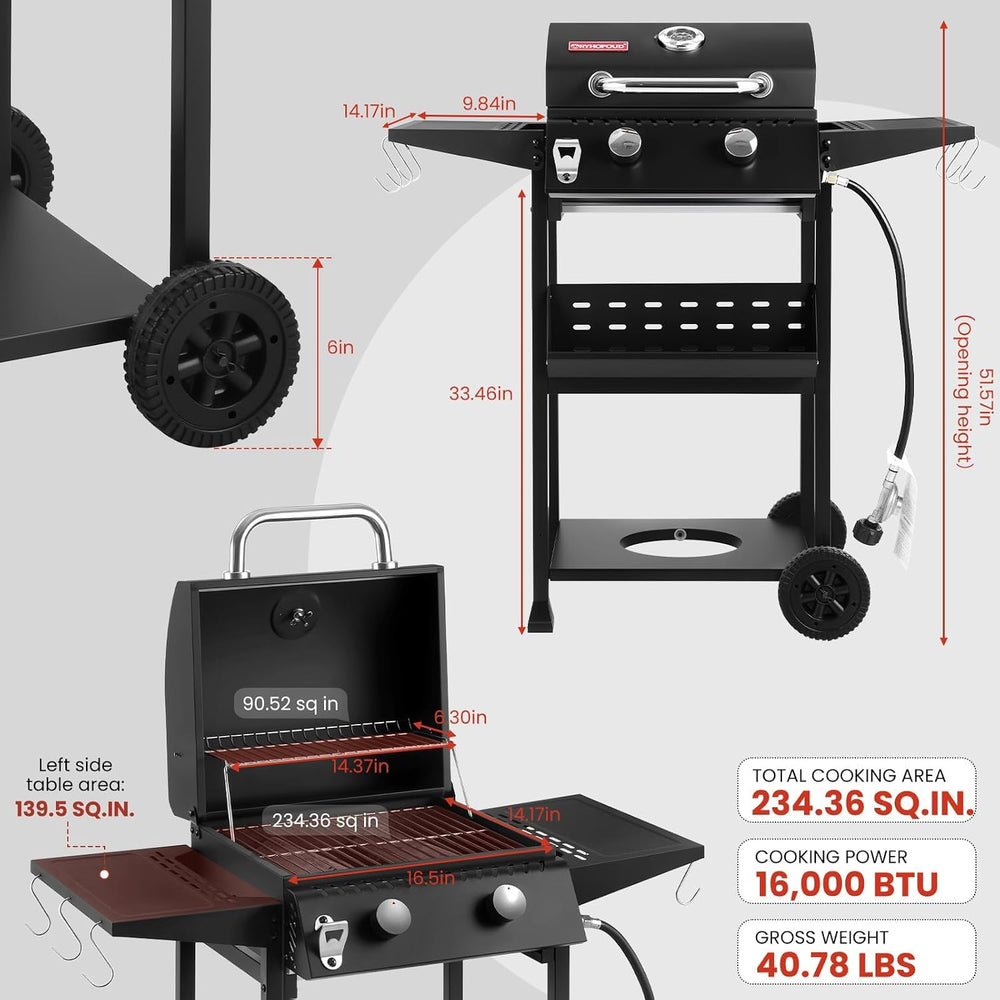 2-Burner Propane Gas Grill with Side Burner, Lid and Hooks