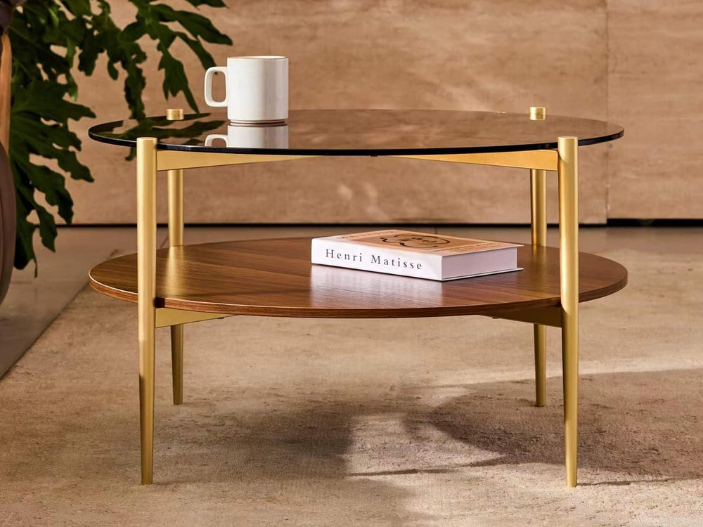 Shrine Round Glass Coffee Table, Mid-Century Modern Design, D30 x H17 in, 2-T...