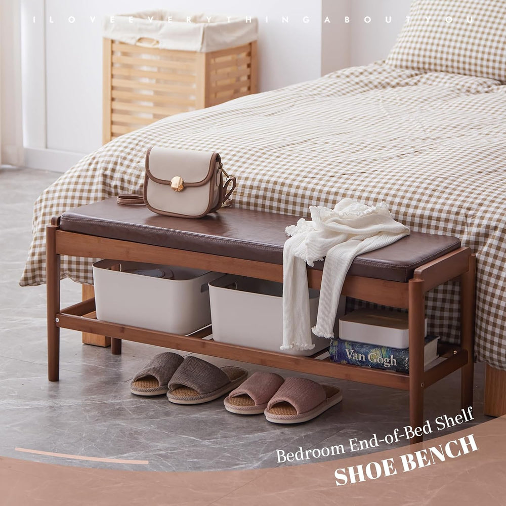 STDDRE Shoe Rack Bench Entryway Bamboo Shoe Storage Bench with Leather Cushio...
