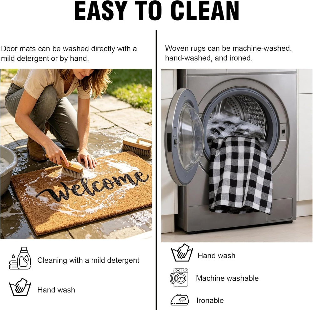2-Piece Front Door Mat Set, Coir Welcome Mat & Black White Plaid Mat