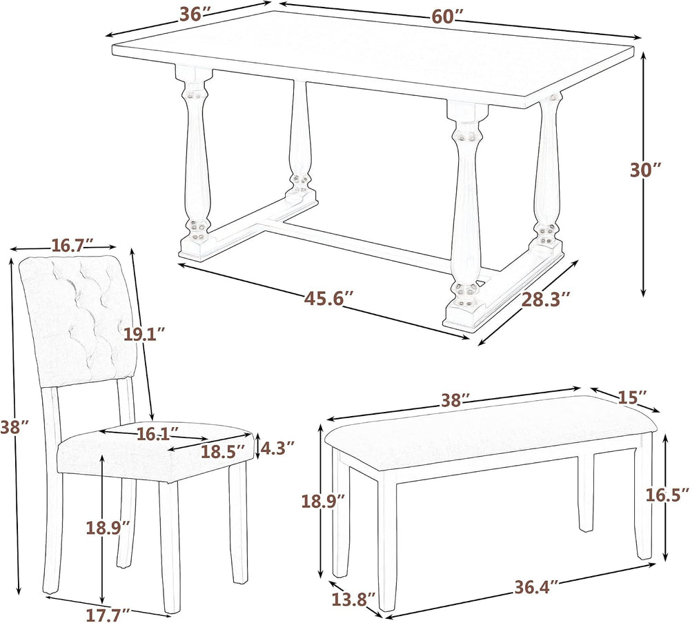 Merax 6 Pieces Dining Table Chair Set with Bench, Rectangle 4 Upholstered Cha...