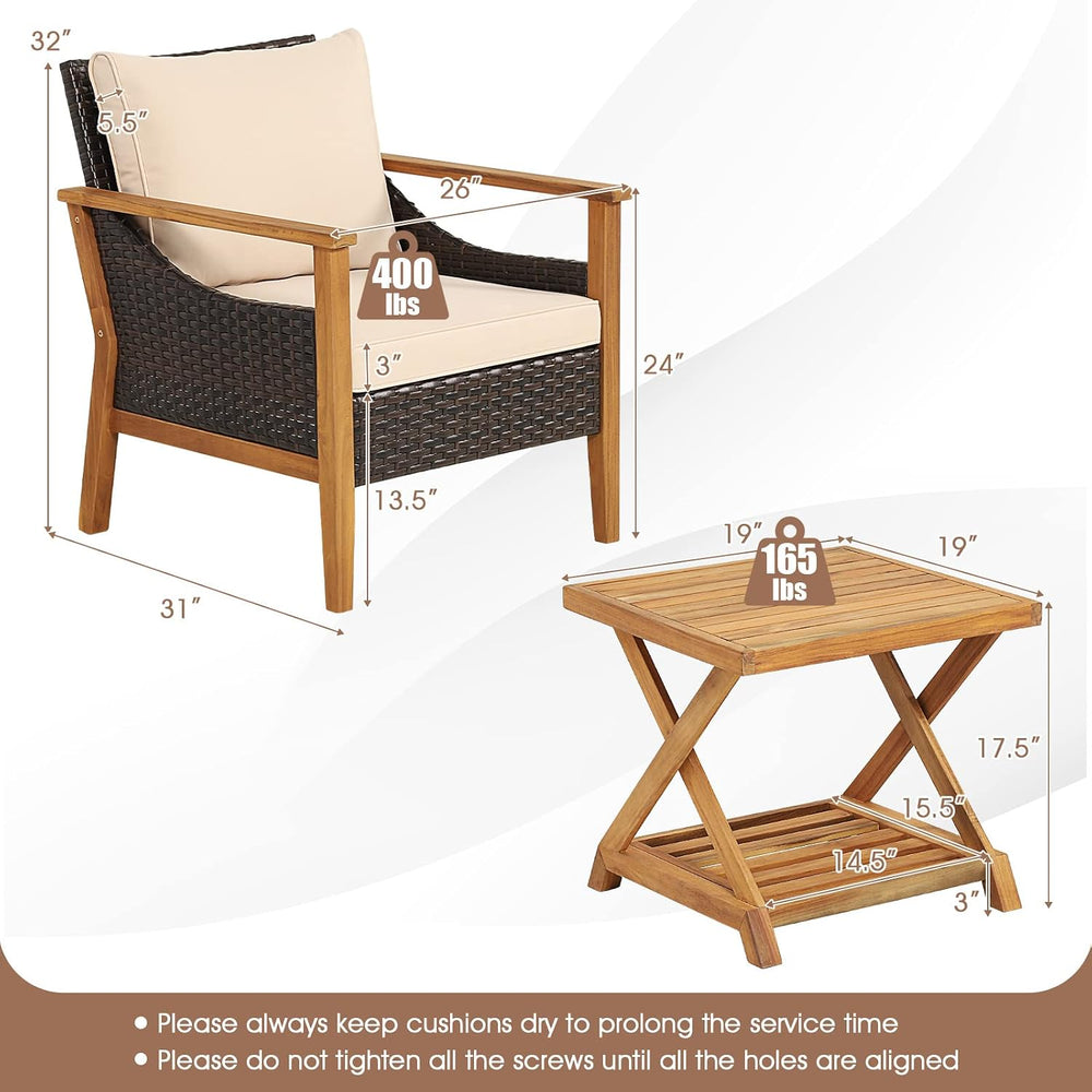 Tangkula 3 Pieces PE Wicker Patio Bistro Set, Outdoor Acacia Wood Conversatio...