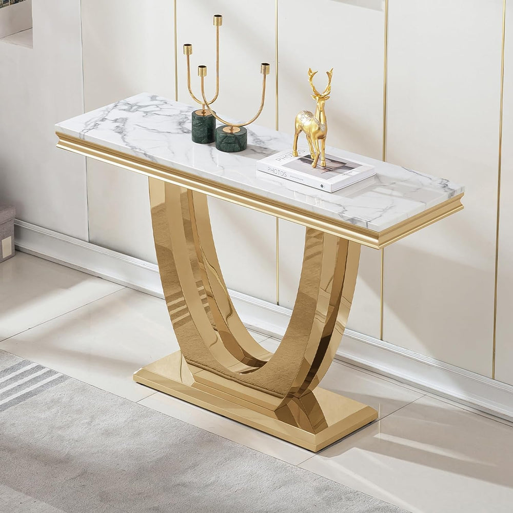 46.85" White Marble Console Table for Living Room, Faux Marble Sofa Tabl...
