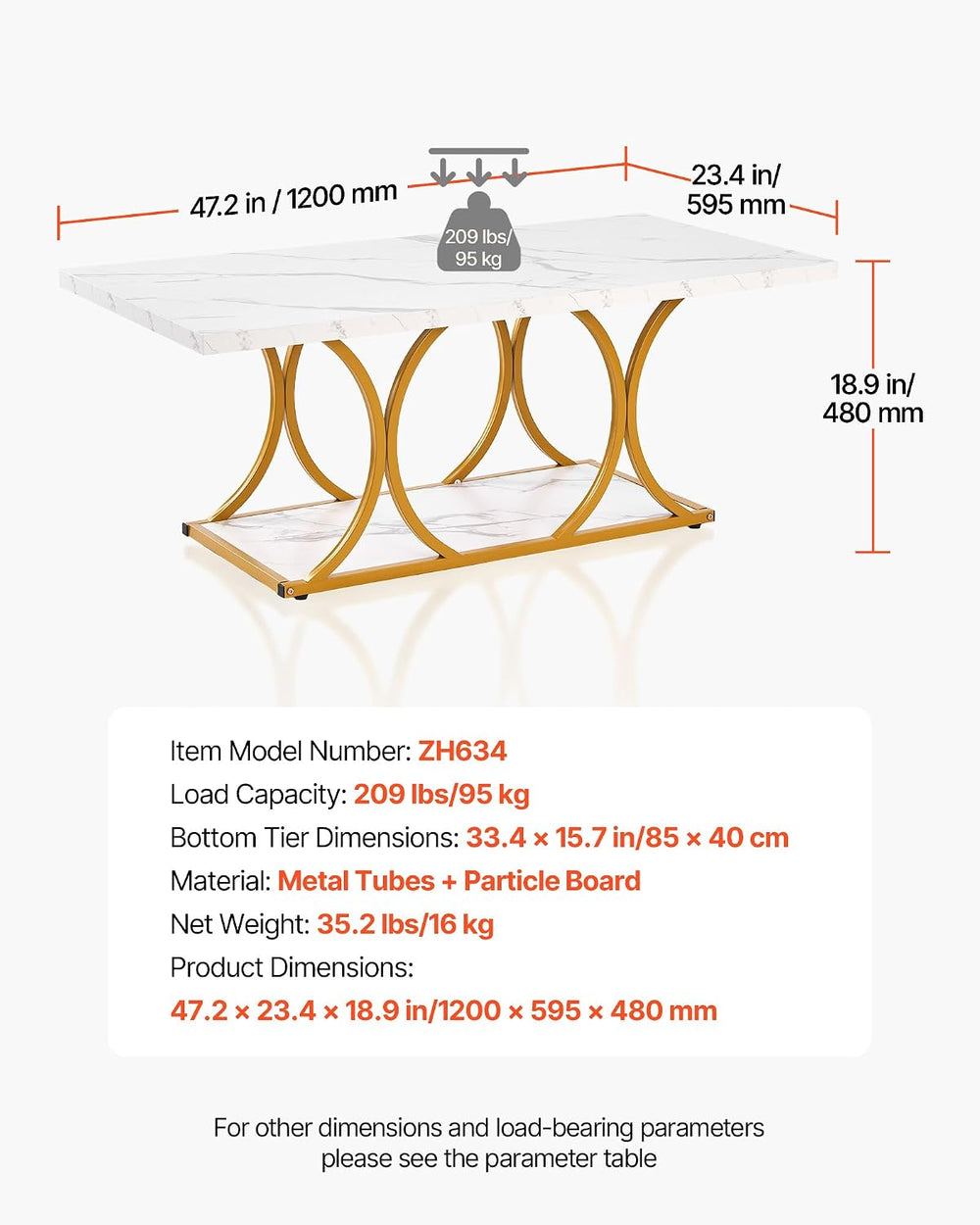 VEVOR Coffee Table, Modern Faux Marble Coffee Table, Large 2-Tier Rectangle C...