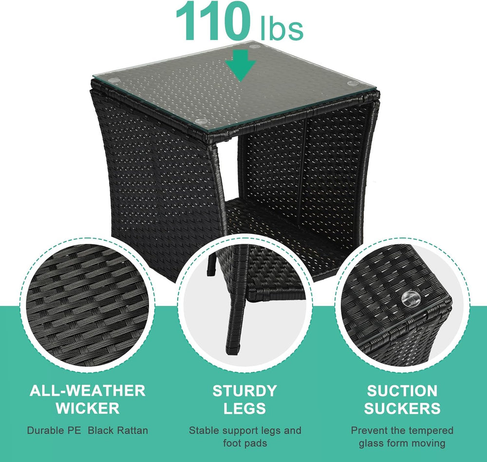 VINGLI Outdoor Wicker Side Table Patio Side Tables for Outside, Tempered Glas...