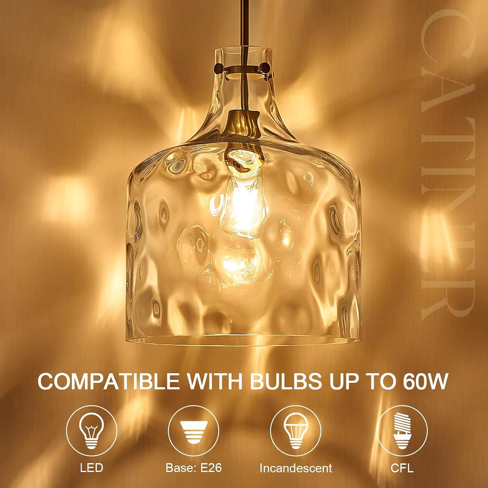 CATINER 16" Farmhouse Hammered Glass Pendant Light, Gold Hanging Light