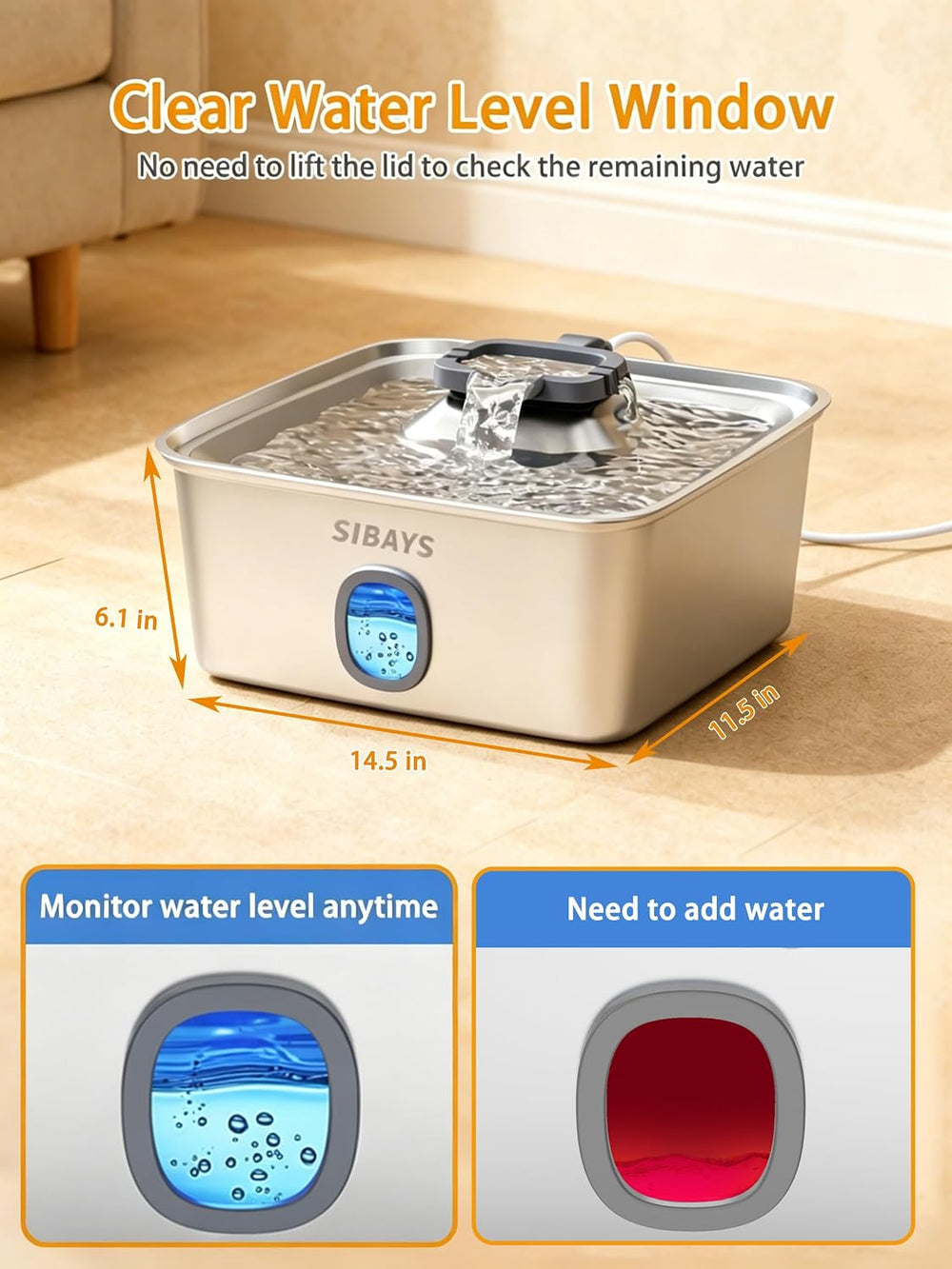 SIBAYS 4Gal/15L Large Dog Water Fountain, Stainless Steel Pet Fountain with W...
