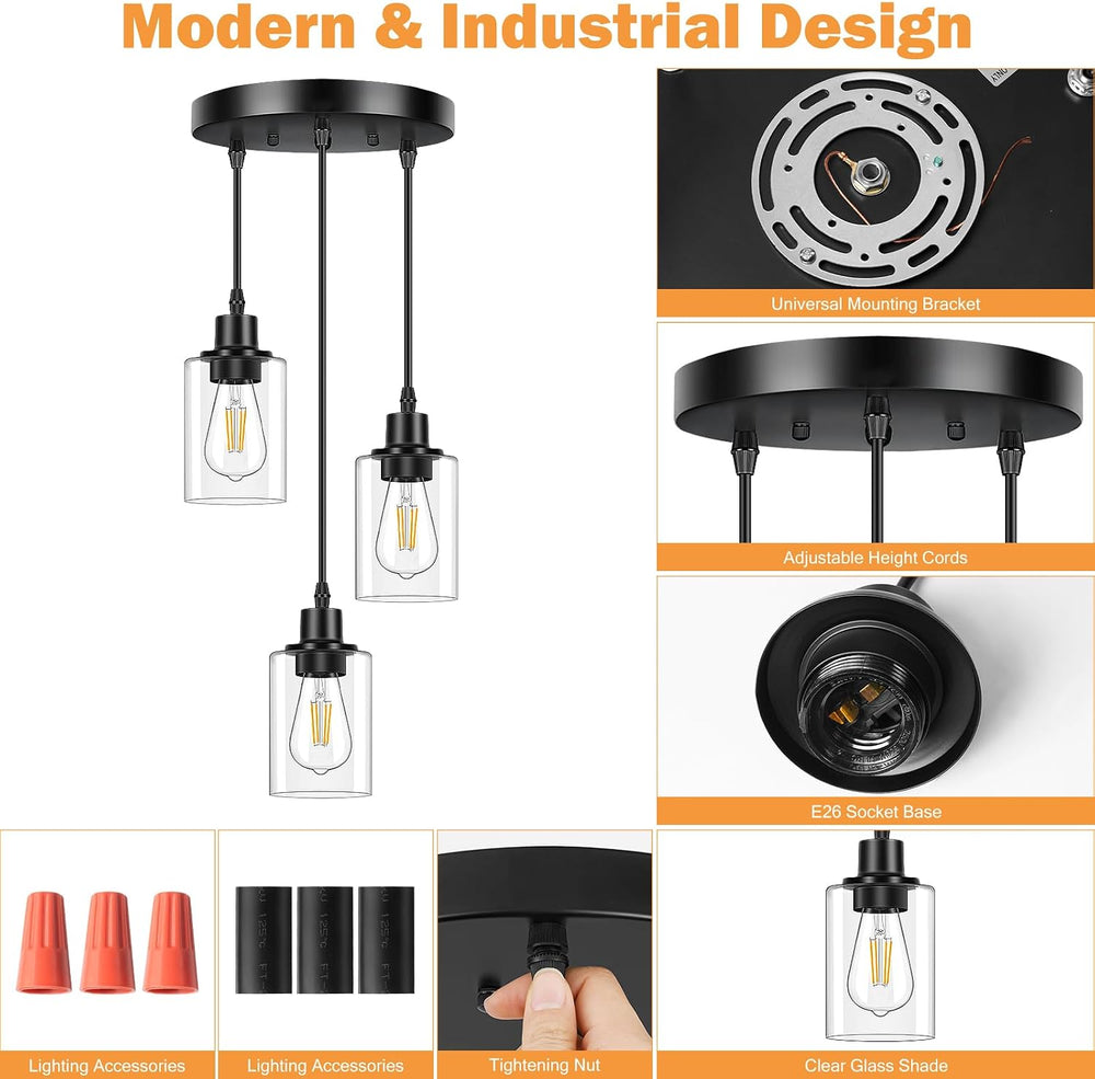 Licperron 3-Light Pendant Light Fixtures, Black Pendant Lights Kitchen Island...
