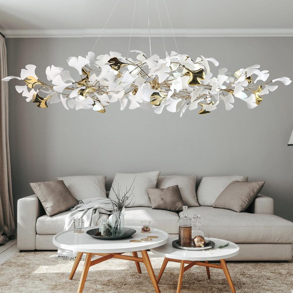 59 Inch White Rectangle Chandelier Gold Ceramic Ginkgo Leaf Chandeliers Brass...