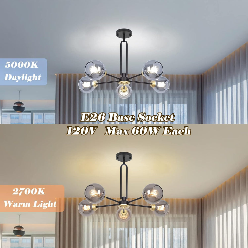 5-Light Black Sputnik Smoked Glass Ceiling Light Globe Chandelier
