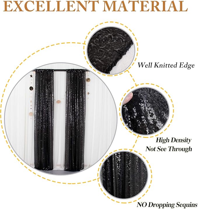 ShinyBeauty Black Backdrops 2 Pieces Sequin Curtains 4FTx7FT Photoshoot Backg...