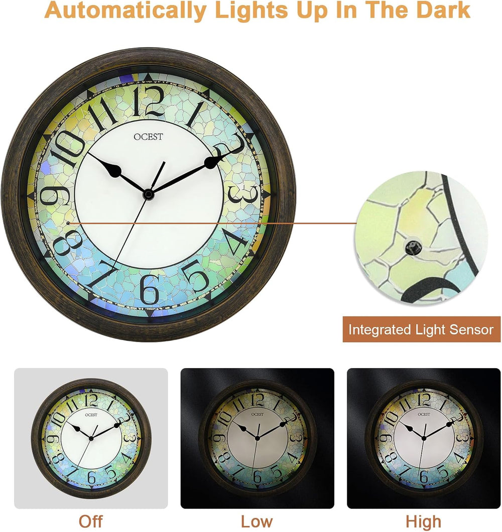 OCEST 13 Inch Illuminated Wall Clock, Glow in The Dark, Brown
