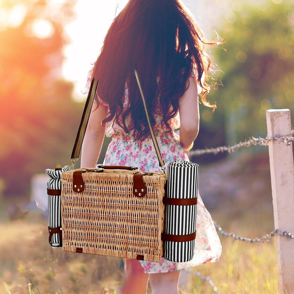 Picnic Basket with Blanket and Wine Pouch for 4, Wicker Picnic Set with Insul...