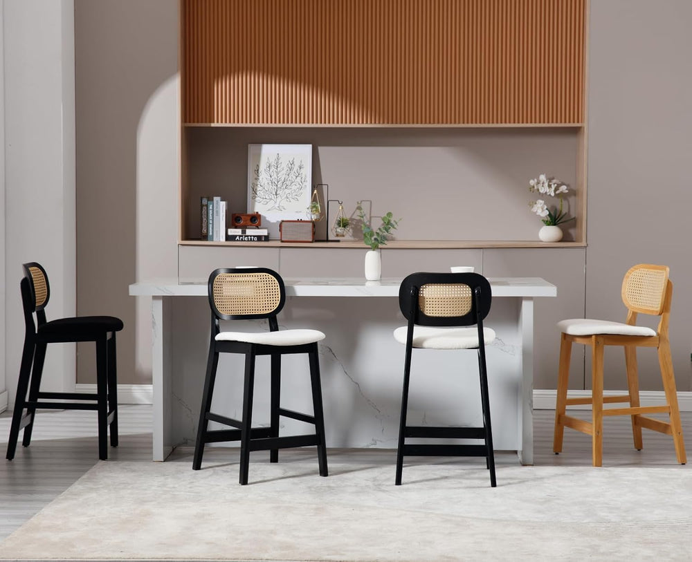 Shunzhi Rattan Counter Height Bar Stools Set of 2, Upholstered Sherpa Barstoo...