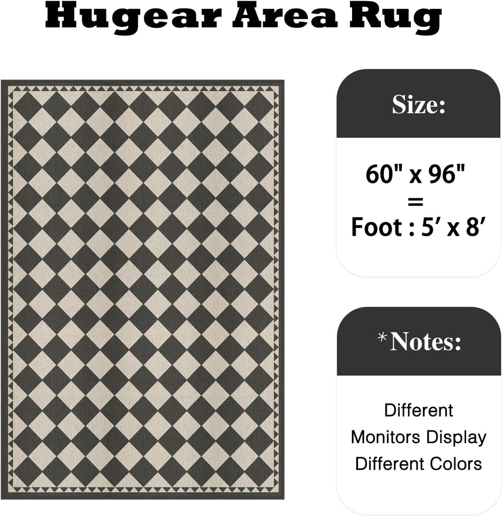 HUGEAR 5x8 Black Beige Checkered Linen Look Indoor Outdoor Rug for Patio
